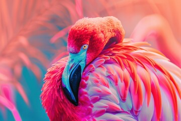 Fototapeta premium Bright flamingo with vividly colored feathers in a close-up shot.