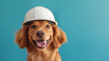 Golden retriever wearing a white hard hat in front of a blue background.