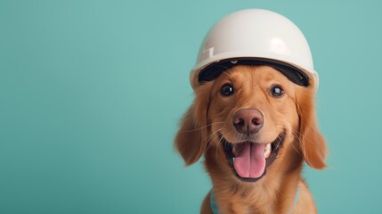 Smiling golden retriever wearing hard hat in front of teal background.