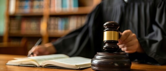 Judge's hand holding a gavel with a book in front of a bookshelf