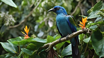 A Blue Bird of Paradise is perched on a tree branch with lots of green leaves, contrasting with the color of its wings