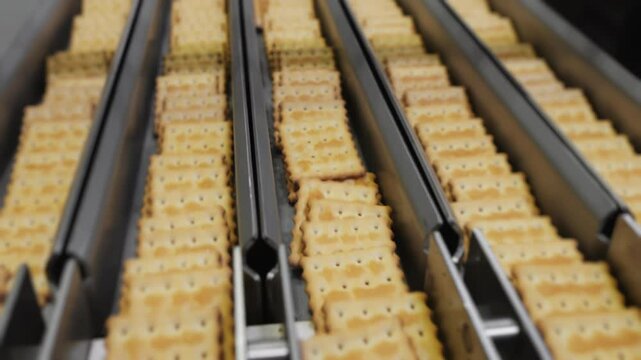 Modern cracker production on conveyor belt at confectionery factory.