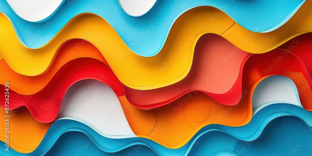 Poster brightly colored paper cutouts forming abstract shapes on a white background with ample space for te