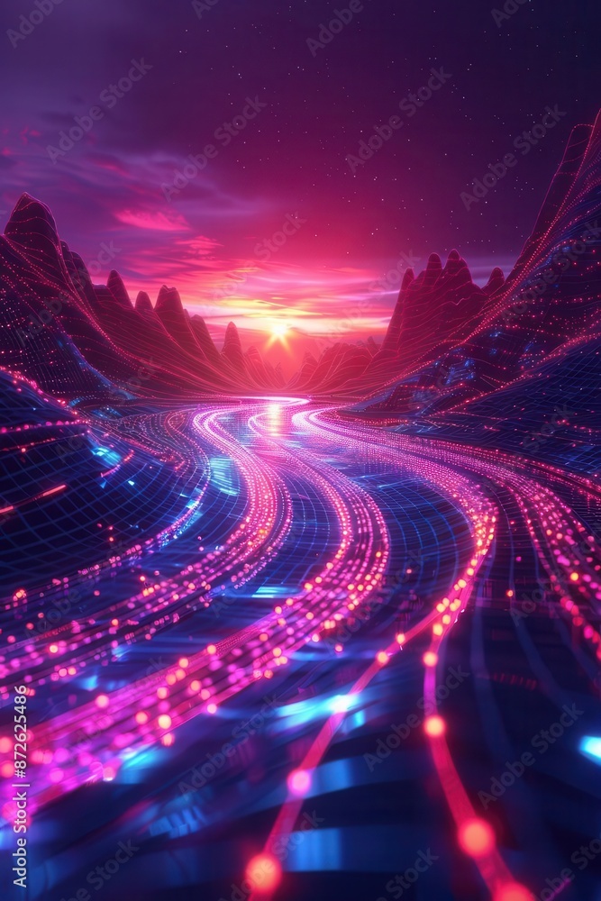 Poster abstract digital landscape with neon lines and ample space for text, perfect for futuristic and tech