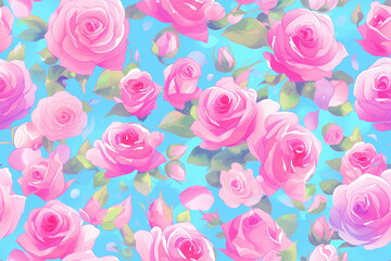 Fototapeta premium Pink roses with green leaves on a bright blue background, creating a fresh and vibrant seamless pattern.