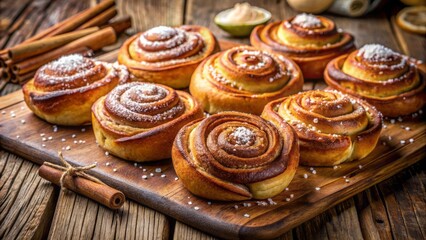 Fototapeta premium Warmly lit, golden brown, freshly baked swirls of sweet cinnamon rolls on a rustic wooden table, surrounded by scattered sugar.