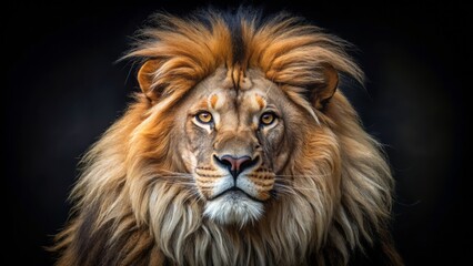 Fototapeta premium Majestic male African lion with shaggy mane and piercing eyes posed regally against a dark, velvety black background.