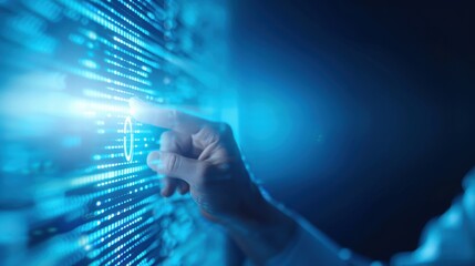 A person's hand touches a futuristic digital interface, representing technology, data, and innovation in a blue-toned background.