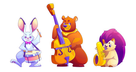 Cute bunny, bear, hedgehog playing music set isolated on white background. Contemporary vector cartoon illustration of funny animals performing on drum, contrabass, saxophone, pet jazz band show