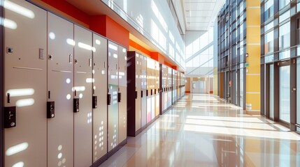 Modern, sleek lockers in a brightly lit school corridor