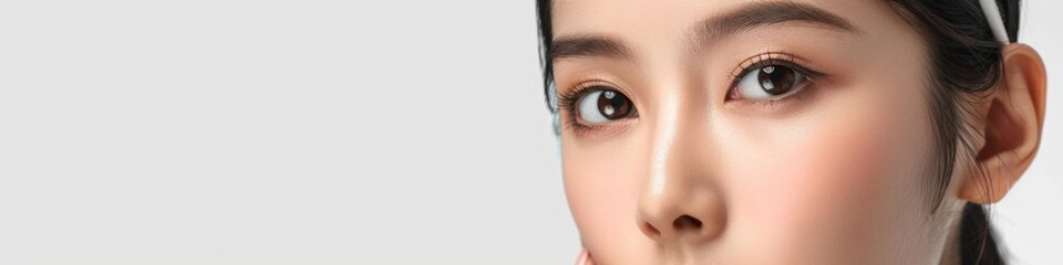 Obraz premium Beautiful Young Asian Girl with Natural Korean Makeup Touching Her Face, Featuring Healthy Perfect Skin, Blue Background, Ideal for Commercial Ads on Facial and Skincare Concepts, Beauty Industry, AI-