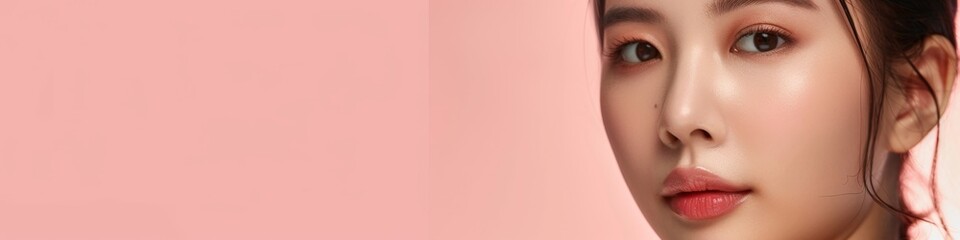 Naklejka premium Beautiful Young Asian Girl with Natural Korean Makeup Touching Her Face, Featuring Healthy Perfect Skin, Blue Background, Ideal for Commercial Ads on Facial and Skincare Concepts, Beauty Industry, AI-