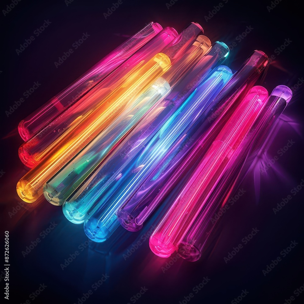 Poster abstract composition of neon tubes in various shapes and colors on a dark background with ample spac