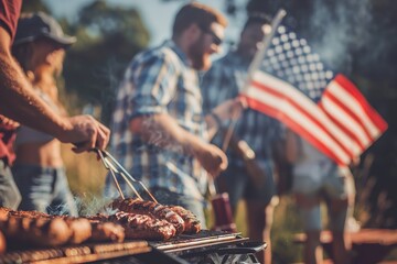 Friends enjoy BBQ party with American flag on Labor Day