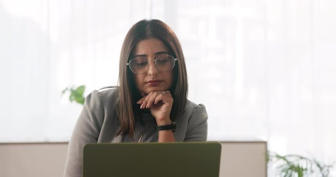 Laptop, thinking and business woman with doubt for decision, solution or problem solving for project. Reading, idea and confused professional on computer for reflection or remember memory in startup