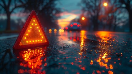 Warning Triangle on Wet Road at Dusk - Generative AI