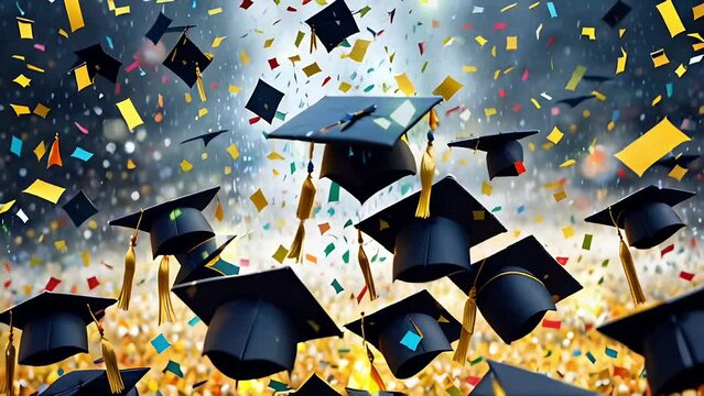 Graduation caps being tossed in the air amid colorful confetti, symbolizing celebration and achievement. 