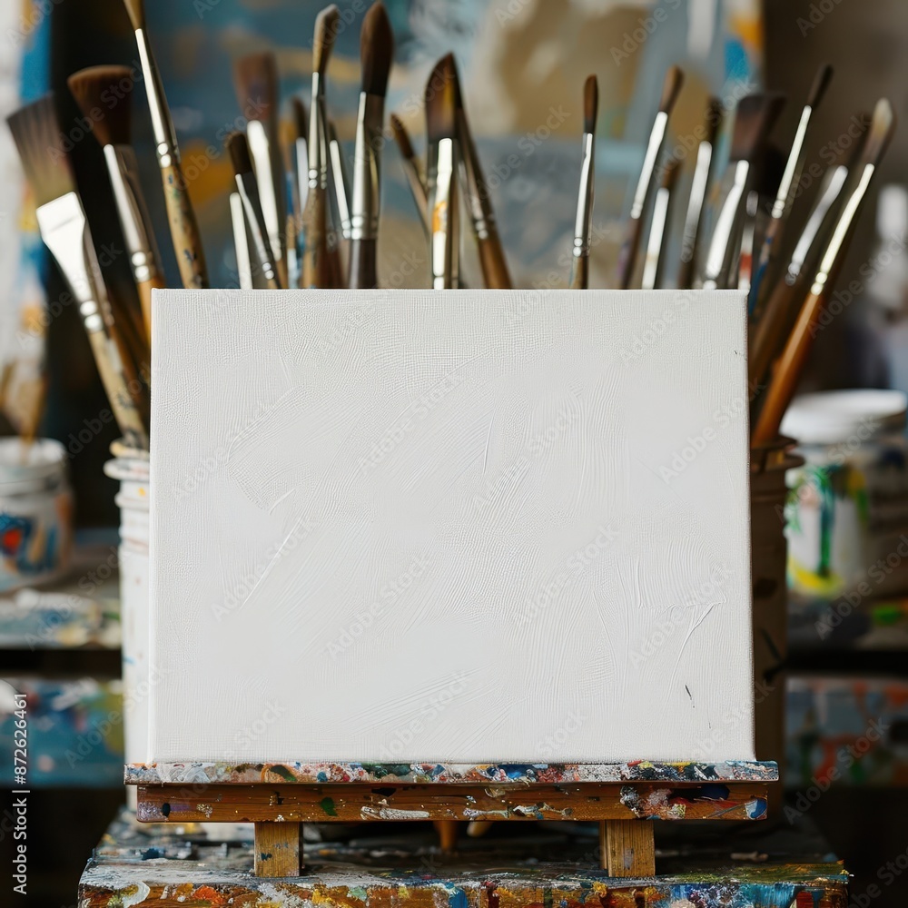 Poster close-up of a blank canvas with paintbrushes and plenty of room for text, ideal for artistic and ima