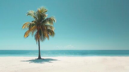 Minimalist beach scene with a single umbrella and ample space for text, perfect for travel and leisure marketing