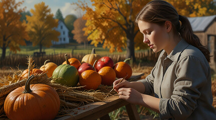 lady with pumpkins in a field