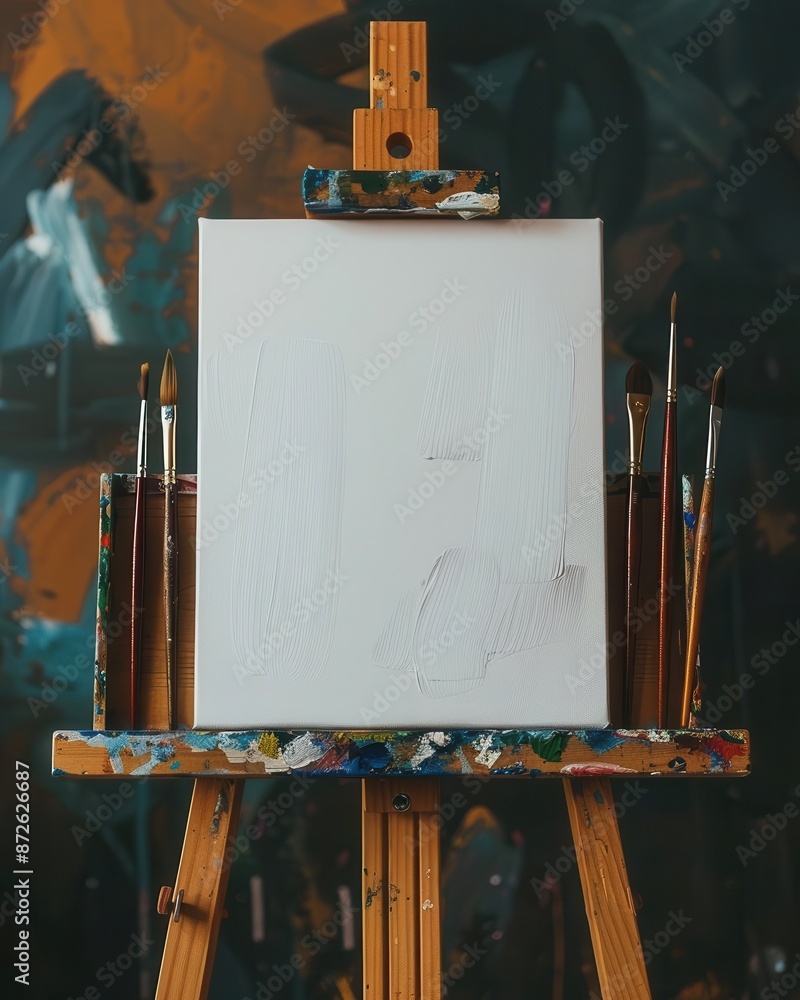 Poster a close-up shot of a blank canvas on an easel with paintbrushes, offering ample space for text and p