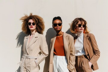 Three fashionable women posing in stylish tan and neutral outfits.