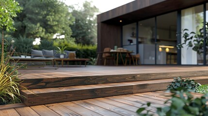 Fototapeta premium Modern wooden terrace with steps for a country house. Cozy garden with a house, recreation area, garden landscaping.