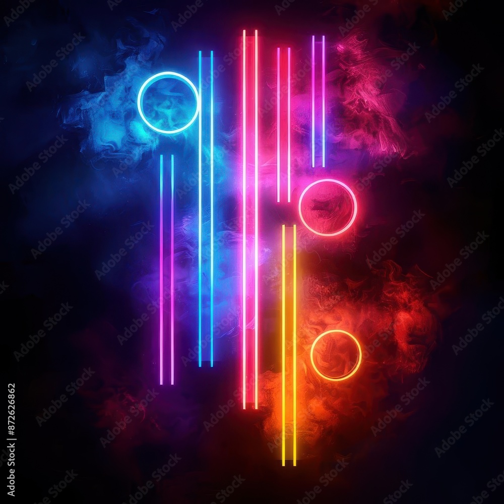 Poster abstract composition of neon tubes in various shapes and colors on a dark background with ample spac