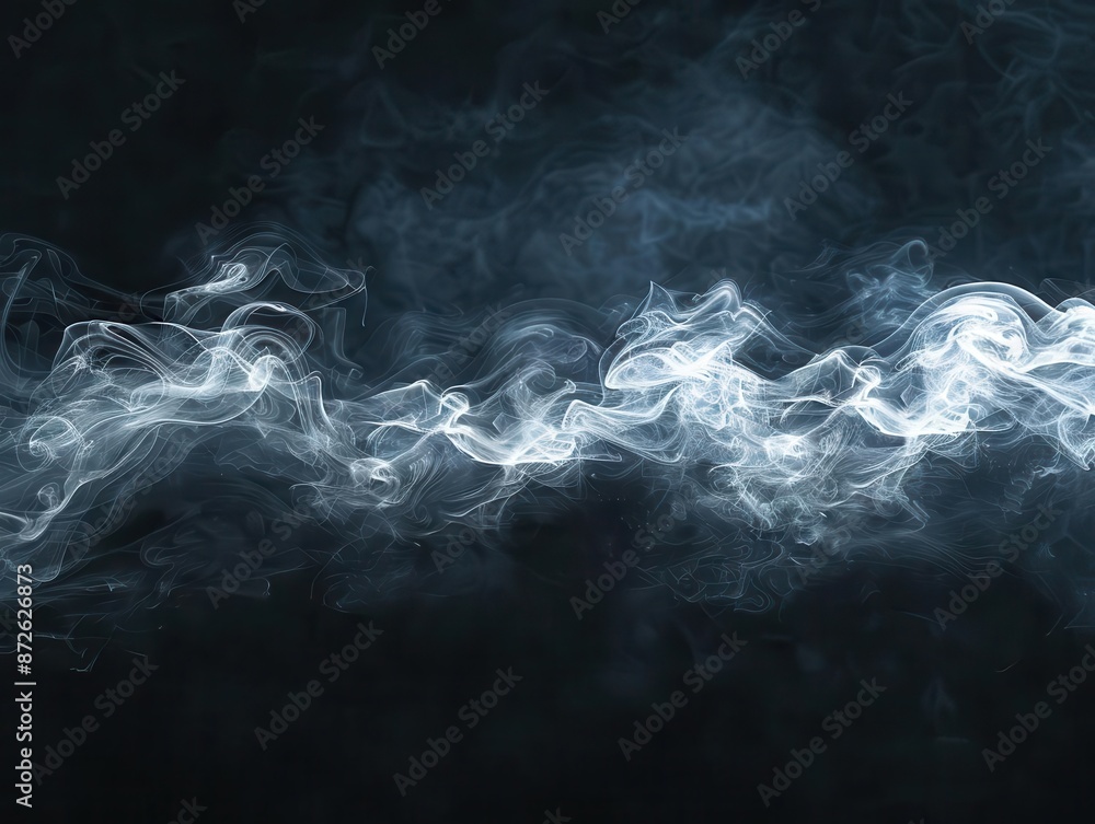 Poster abstract smoke patterns on a black background with large areas for copy space, perfect for mysteriou