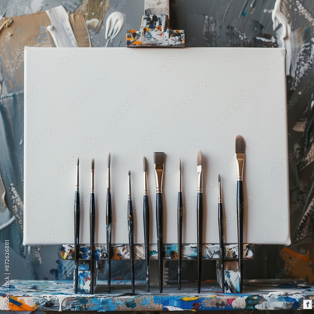Poster a close-up of a blank canvas with paintbrushes and plenty of room for text, ideal for artistic and i