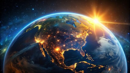 Obraz premium Vibrant glow of city lights across the globe, illuminated Earth at night, stunning satellite view on a transparent background.