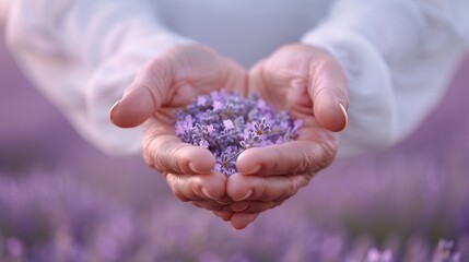 Full bloom lavender in hands, countryside background, gentle mist, represent calm, soothing composition.