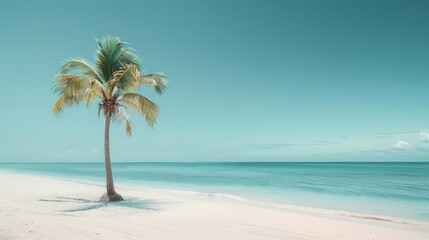 Obraz premium A minimalist beach scene featuring a single umbrella and plenty of room for text, ideal for promoting travel and leisure.