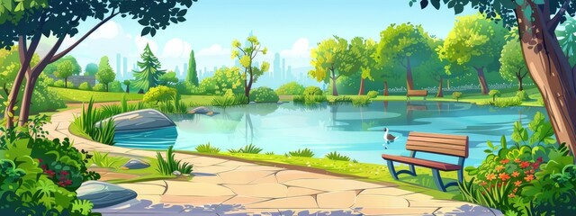 The landscape of the park with a bench under a tree. Cartoon illustration.