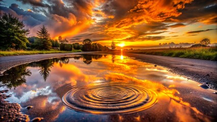 Serene atmosphere at dusk as raindrops create circular ripples on a reflective puddle beside a wet, deserted road shoulder.