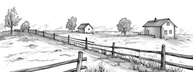 Fototapeta premium A rural landscape with rustic houses enclosed by a low wooden fence. Sketch illustration.
