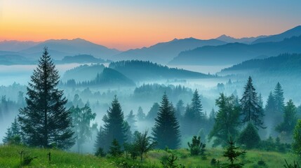 Fototapeta premium Hazy mountain landscape in morning mist