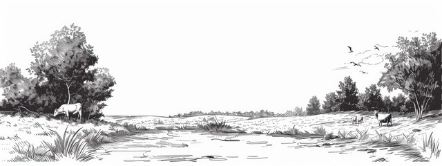 Landscape on a summer agricultural field with cows in a pasture. Sketch illustration.