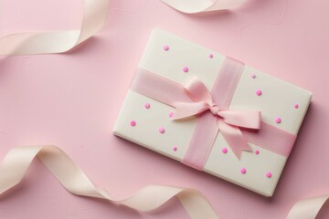 Gift box wrapped with pink ribbon on elegant pink background.