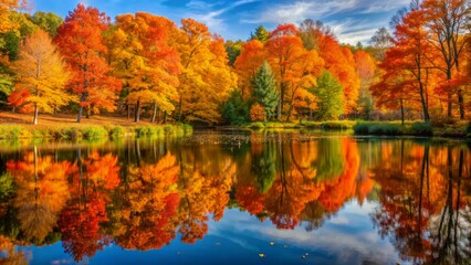 Fototapeta premium Vibrant orange and yellow maple trees surround serene North Chagrin Reservation forest pond, reflecting autumn foliage in calm morning light.