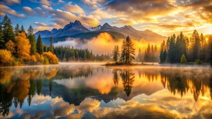 Fototapeta premium Serene golden morning breaks over calm lake, misty fog lifts, revealing majestic mountains, tranquil trees, and vibrant colorful sky.
