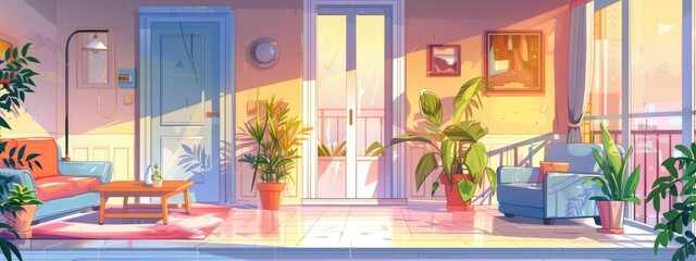 The interior of the balcony of a residential apartment. Cartoon illustration.