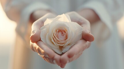 Full bloom rose in hands, front view against a soft-focus sunset backdrop, warm light, symbolize passion, rich and emotive composition.
