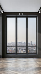 Fototapeta premium Large window in an empty luxurious room with minimal furniture and decor. Interiors designer composition for Real Estate advertising.