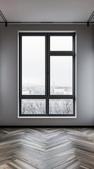 Large window in an empty luxurious room with minimal furniture and decor. Interiors designer composition for Real Estate advertising.