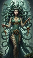 Medusa, the Gorgon, with Snakes and Skulls