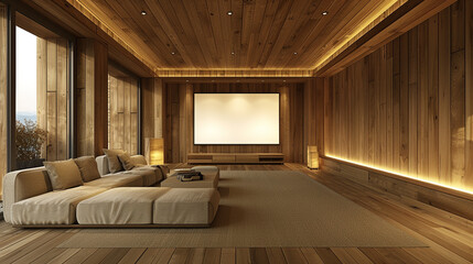 Fototapeta premium Elegant home theater with wooden paneling, plush seating, and a luxurious design.