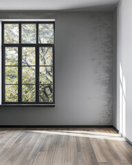 Large window in an empty luxurious room with minimal furniture and decor. Interiors designer composition for Real Estate advertising.