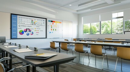 Presentation room featuring modern desks, sleek chairs, and a clean whiteboard