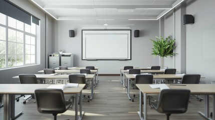 Presentation room featuring modern desks, sleek chairs, and a clean whiteboard